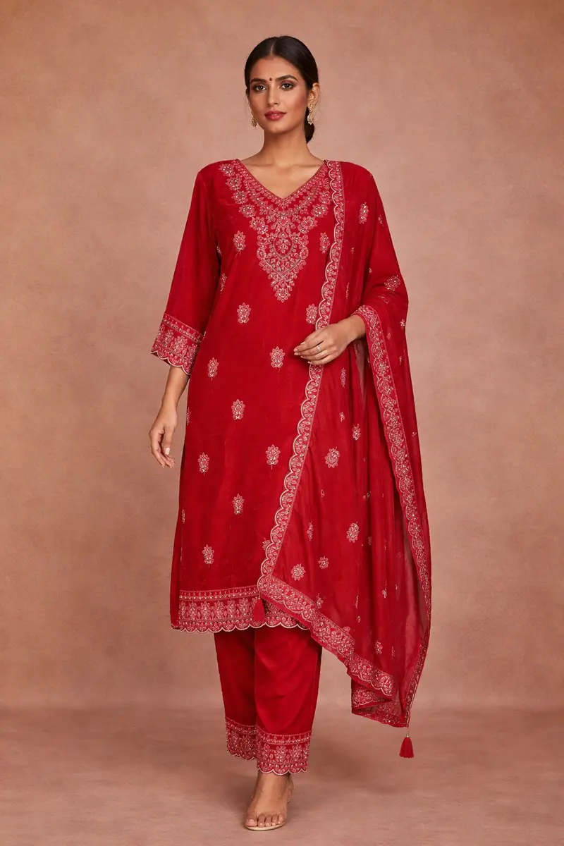 Red Floral Designed Velvet Co Ord Salwar Suit 1