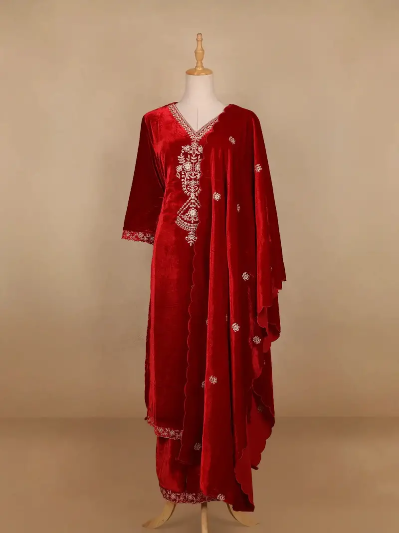 Red Floral Designed Velvet Co Ord Salwar Suit 1