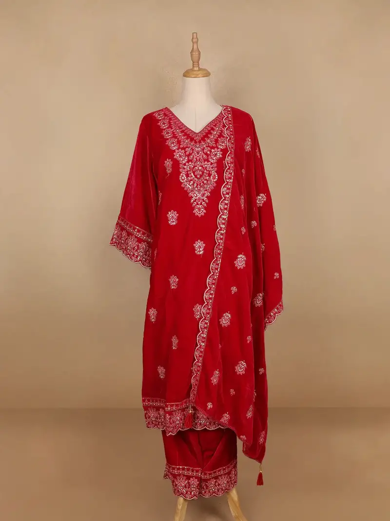 Red Floral Designed Velvet Co Ord Salwar Suit 2