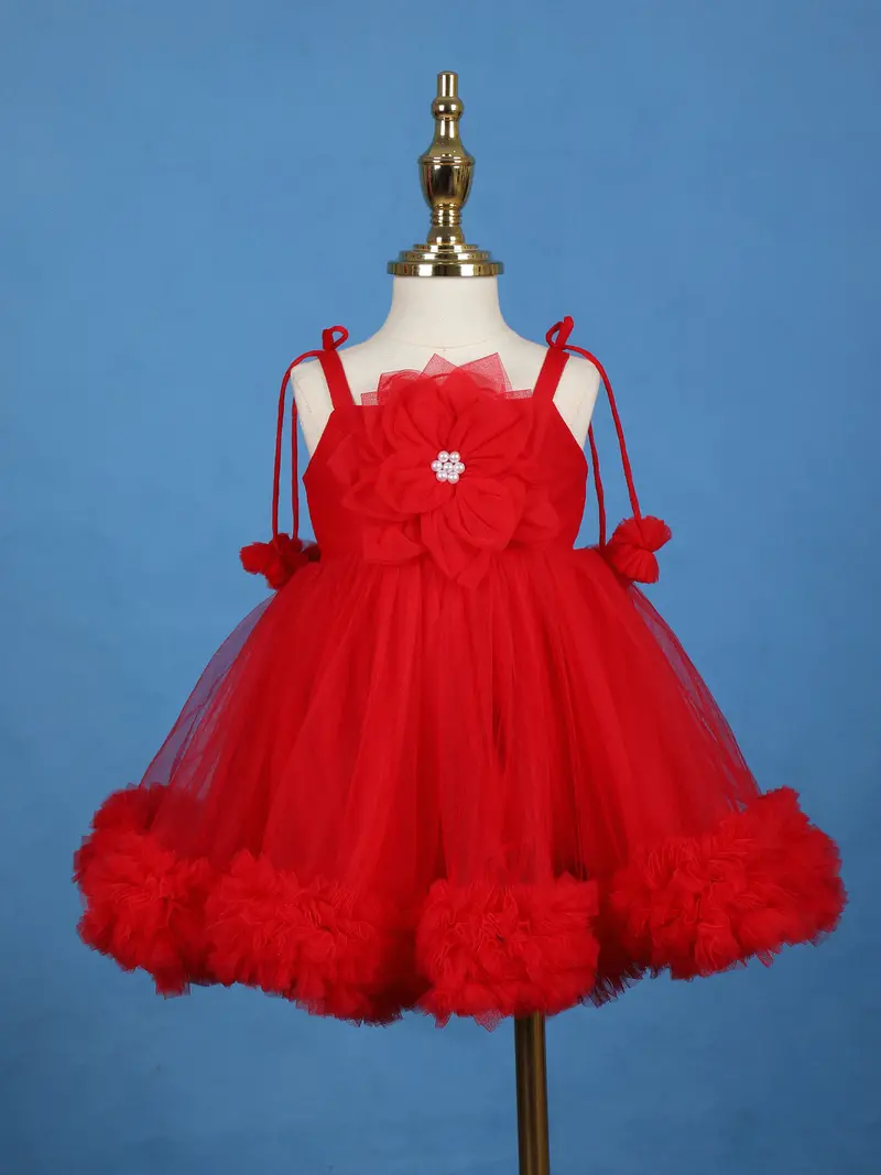 Red Floral Embellishment Design Net Frock 1