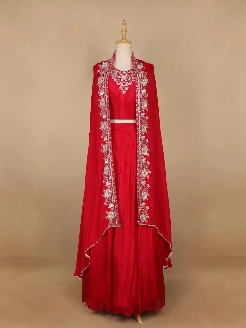 Red Floral Embroidered Chiffon Bridesmaids Lehenga 1