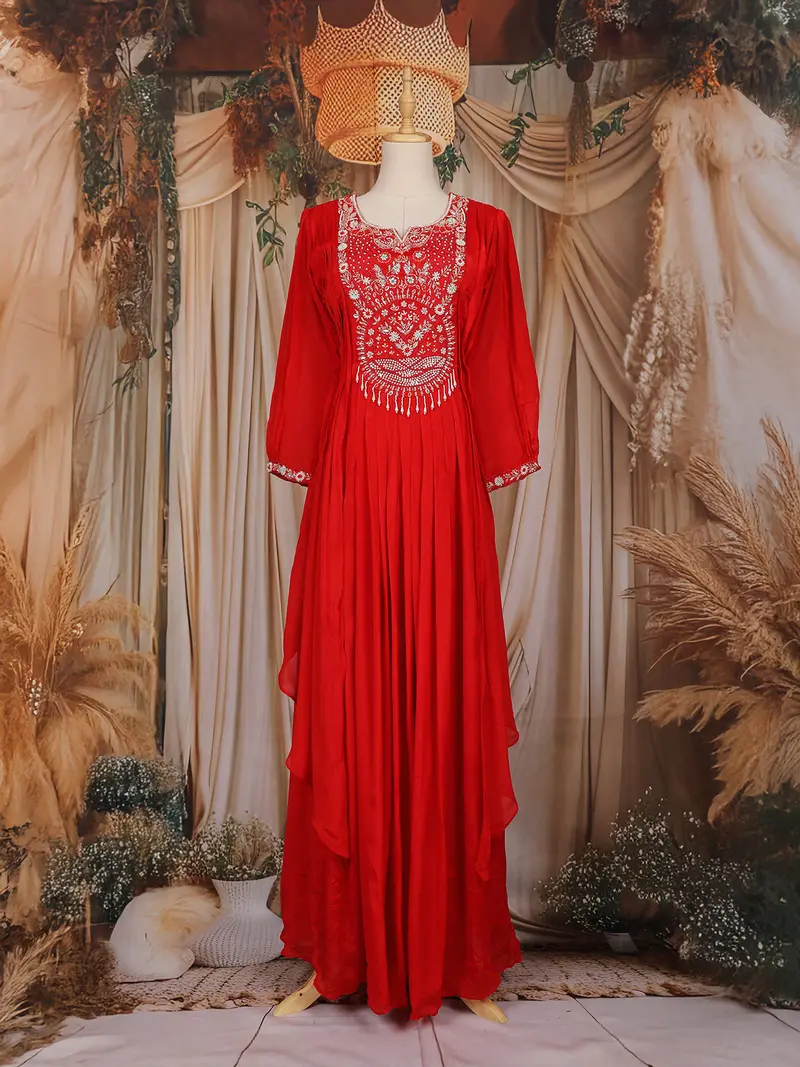 Red Floral Embroidered Chiffon Gown 1
