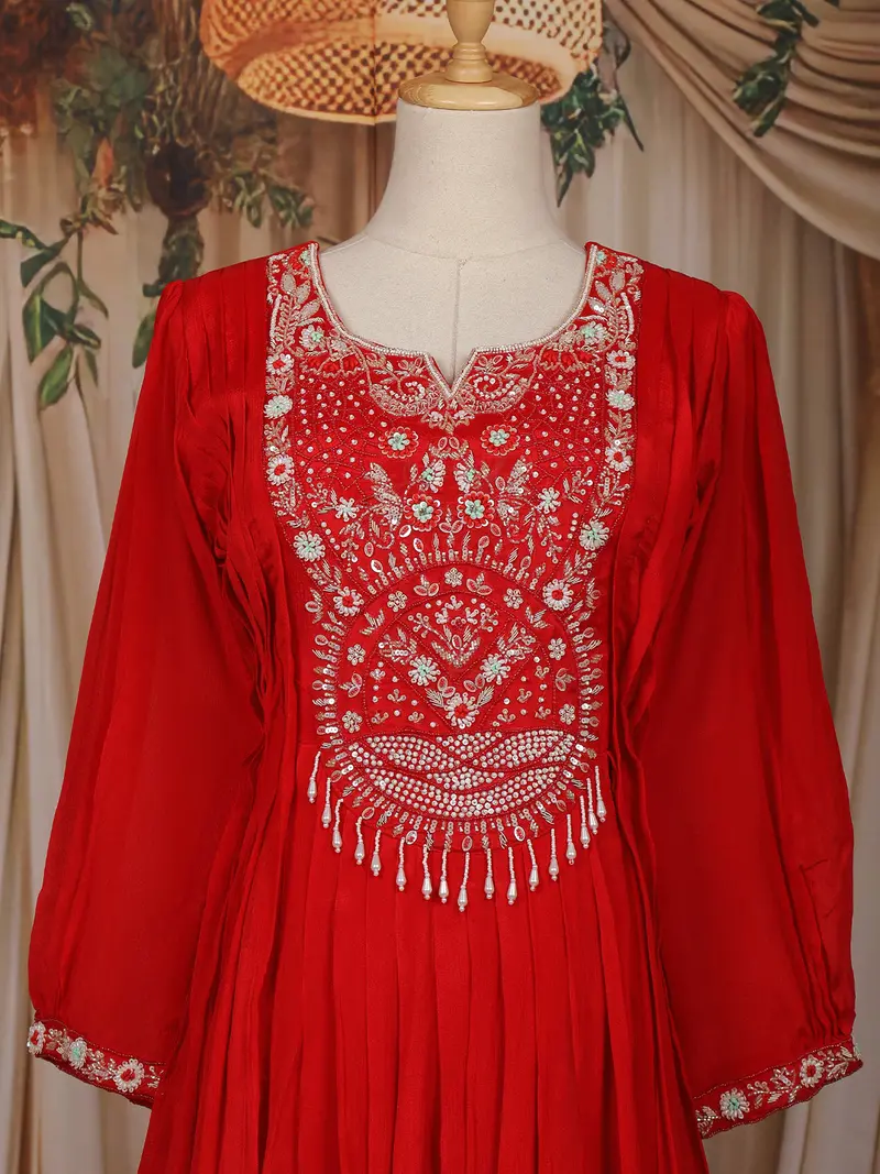 Red Floral Embroidered Chiffon Gown 2