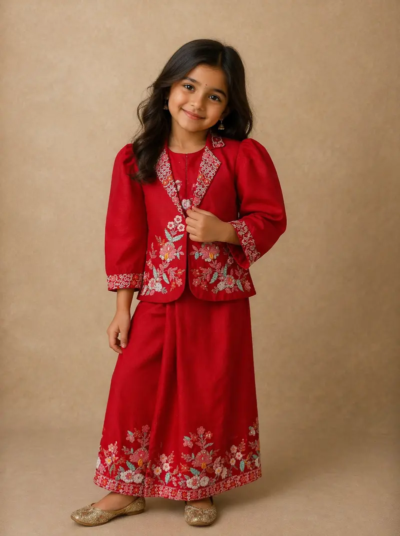 Red Floral Embroidered Coat And Palazzo Set For Girls 1