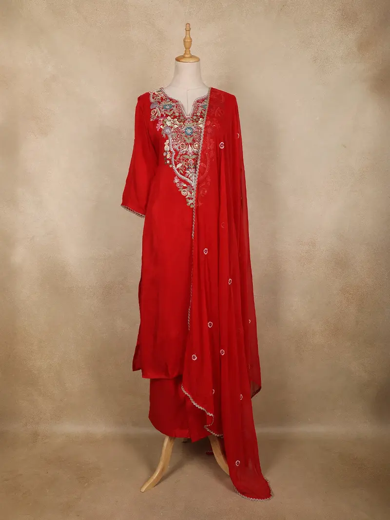 Red Floral Embroidered Cotton Salwar Suit With Dupatta 1