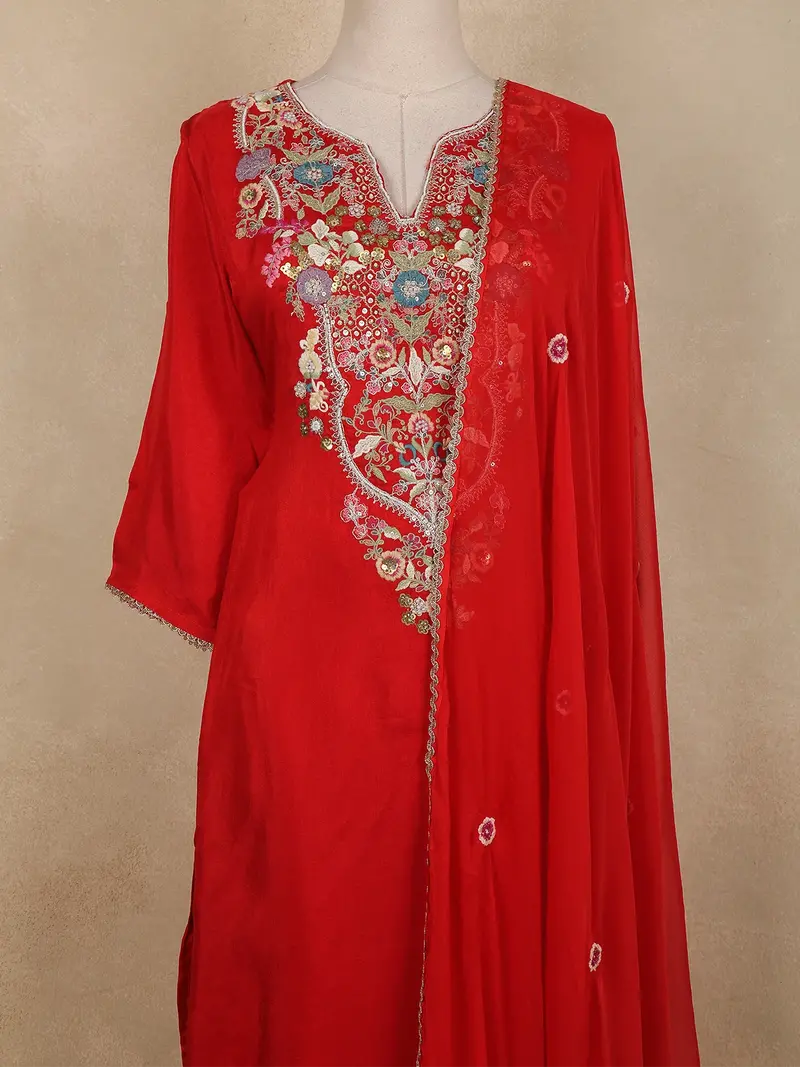 Red Floral Embroidered Cotton Salwar Suit With Dupatta 2