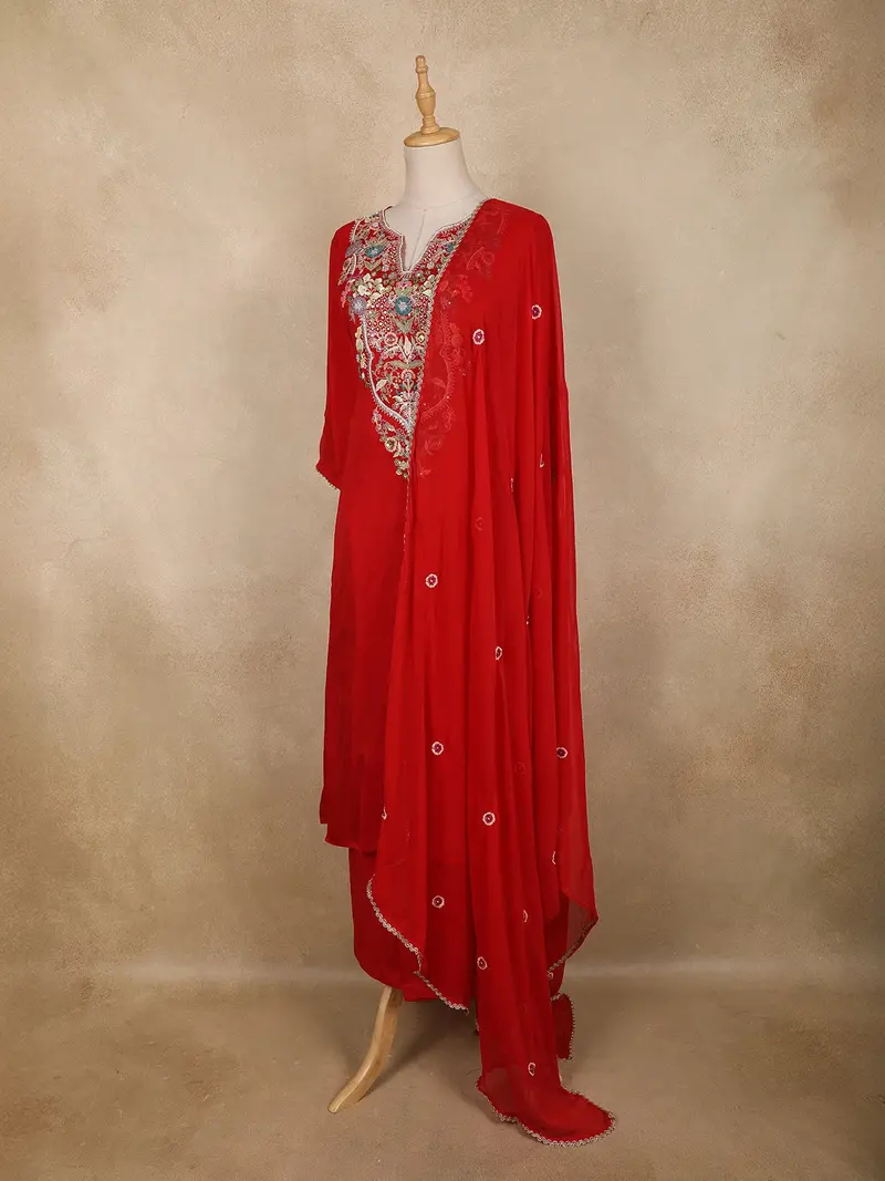 Red Floral Embroidered Cotton Salwar Suit With Dupatta 3