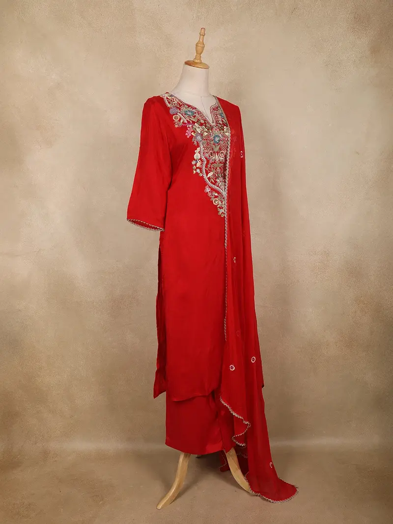 Red Floral Embroidered Cotton Salwar Suit With Dupatta 4
