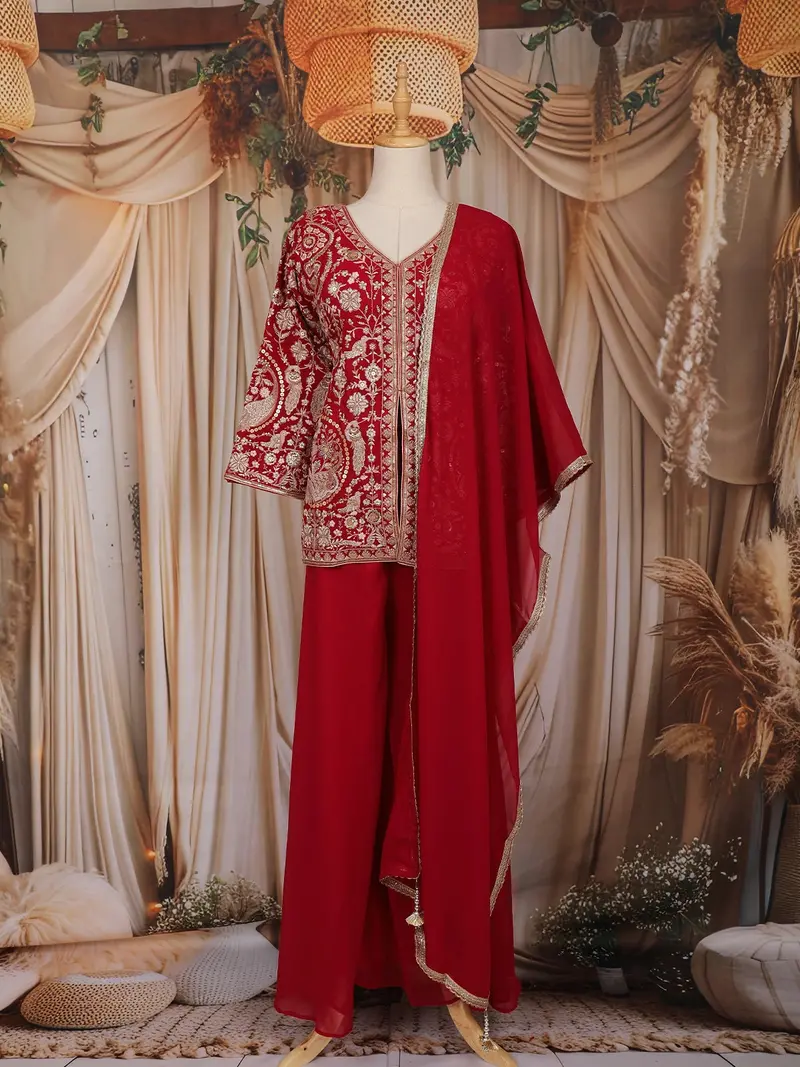 Red Floral Embroidered Design Chiffon Palazzo Suit With Dupatta 1