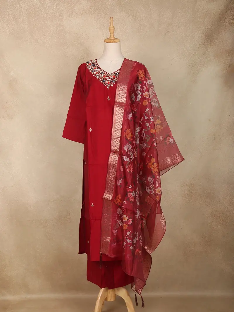 Red Floral Embroidered Design Cotton Straight Cut Salwar Suit 1