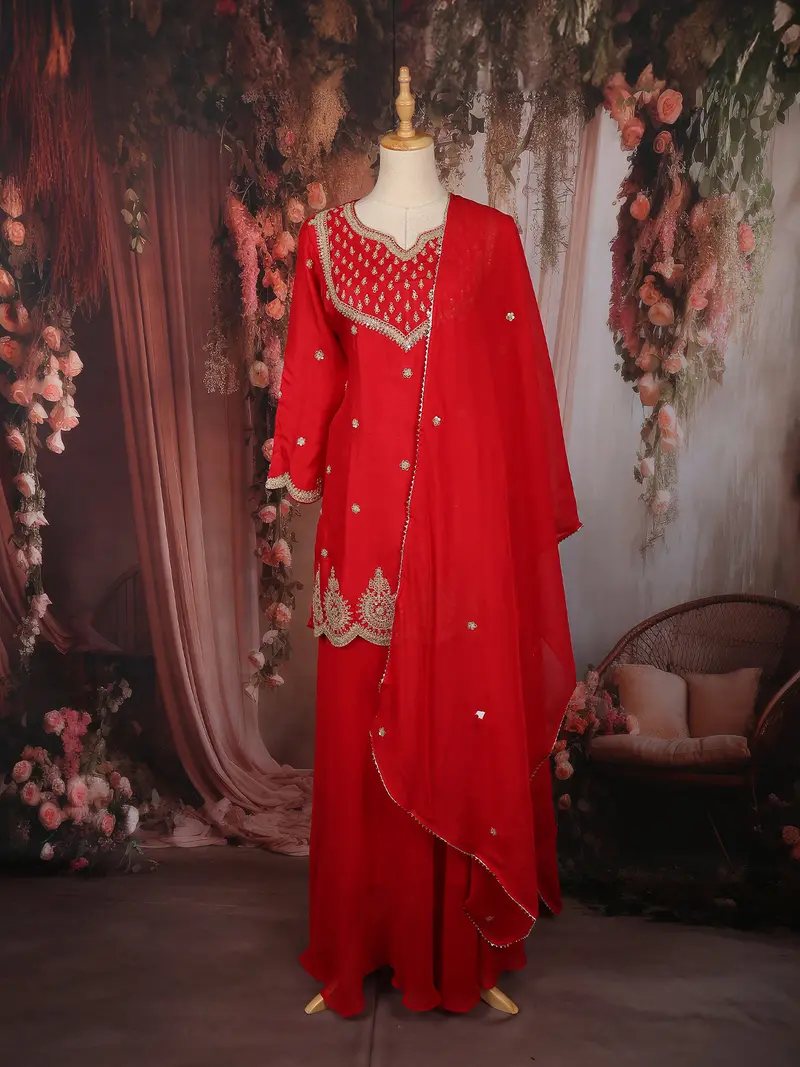 Red Floral Embroidered Design Georgette Lehenga With Dupatta 1