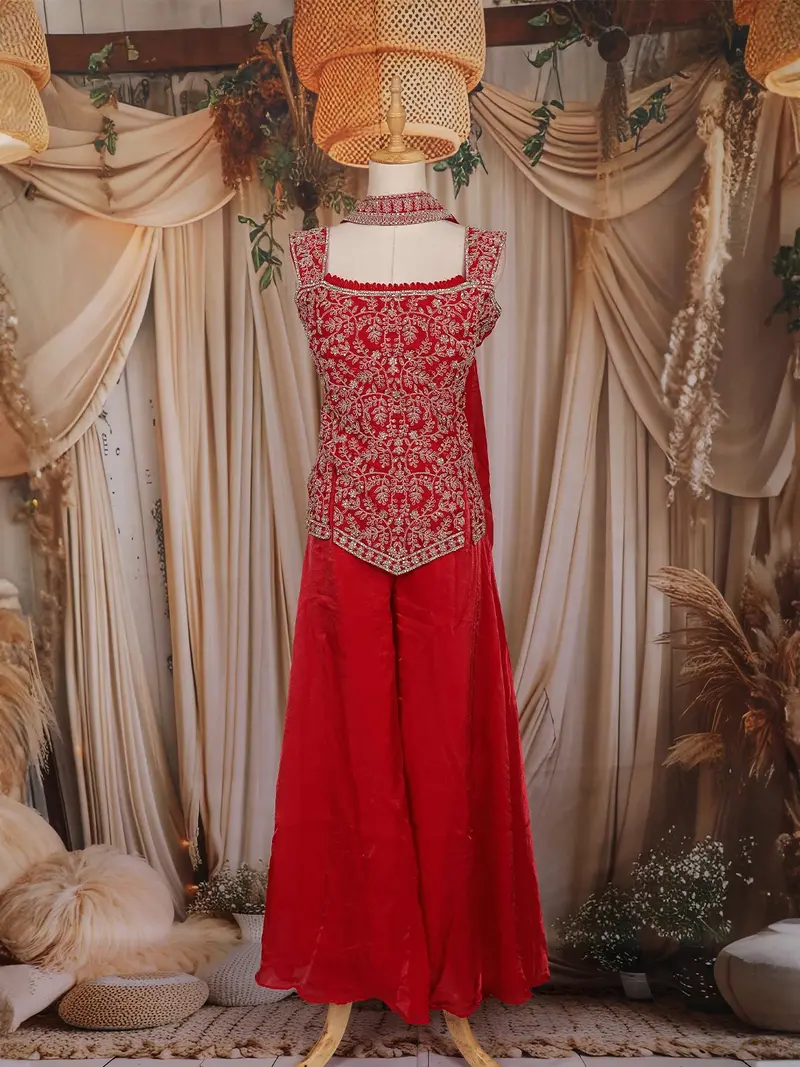 Red Floral Embroidered Design Organza Palazzo Suit 1