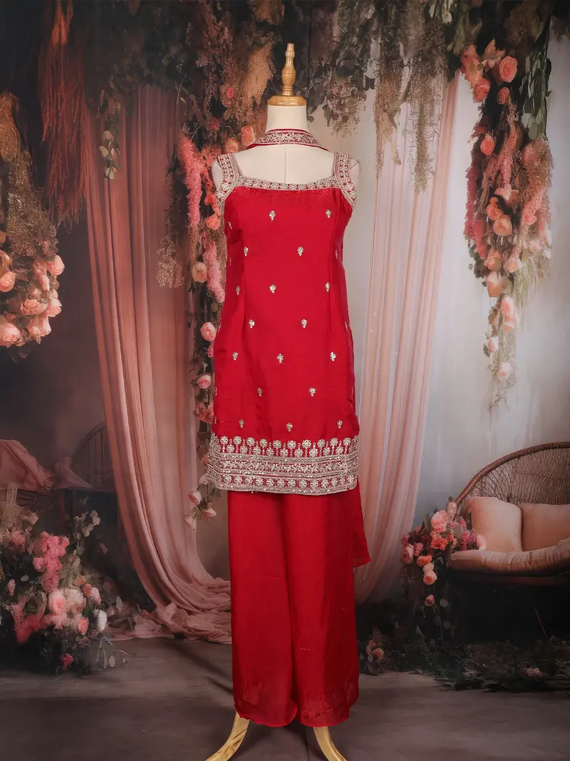 Red Floral Embroidered Design Tissue Palazzo Suit 1