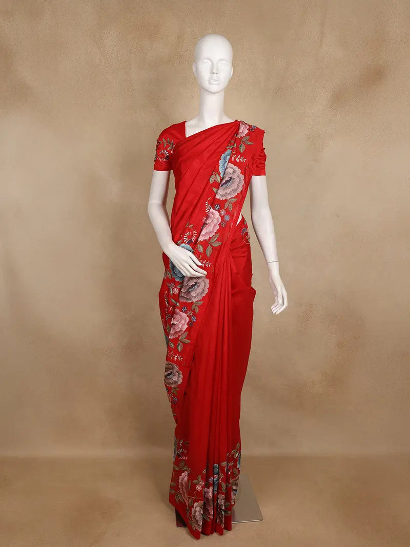 Red Floral Embroidered Design Tussar Saree 1