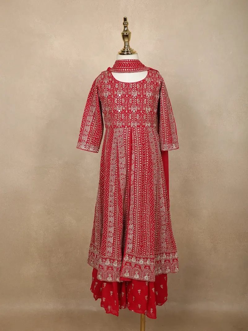 Red Floral Embroidered Georgette Kids Palazzo Suit 1