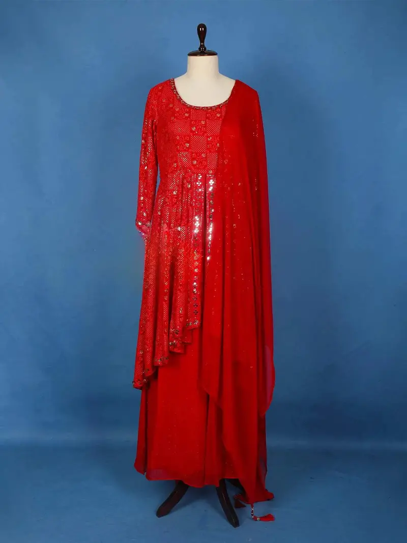 Red Floral Embroidered Georgette Palazzo Salwar Suit For Women 1