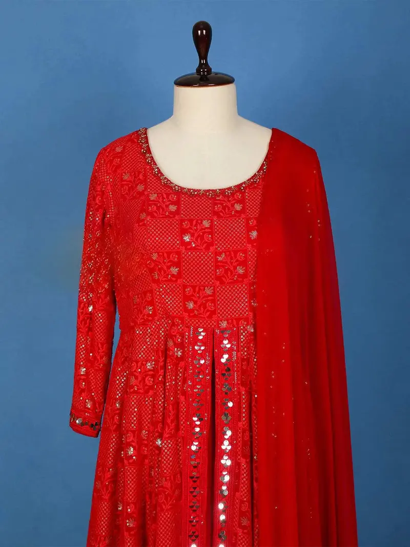 Red Floral Embroidered Georgette Palazzo Salwar Suit For Women 2