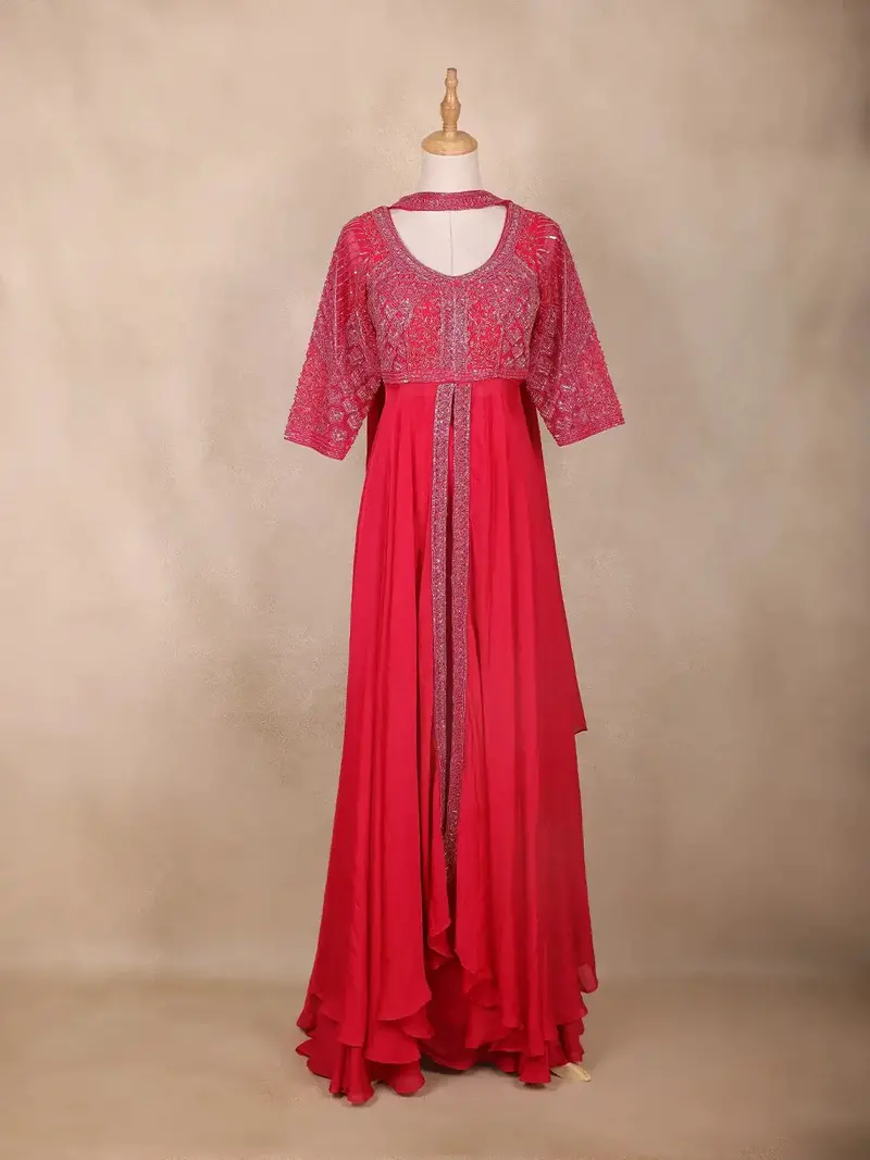 Red Floral Embroidered Georgette Palazzo Suit 1