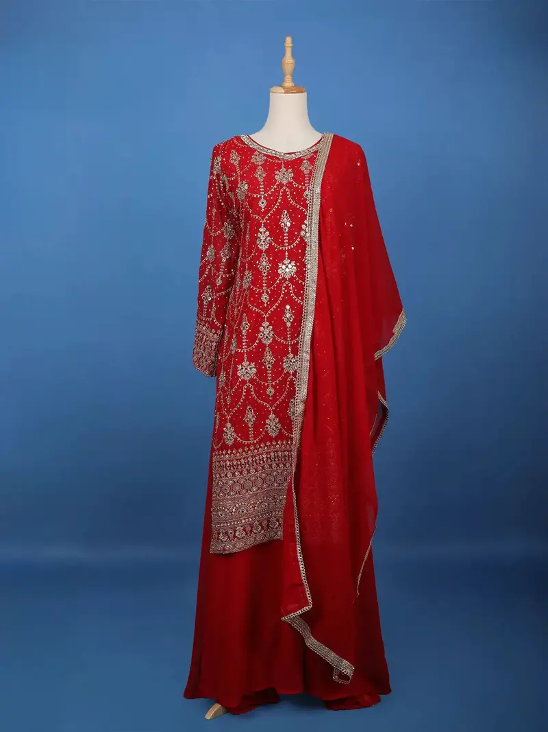 Red Floral Embroidered Georgette Palazzo Suit 1