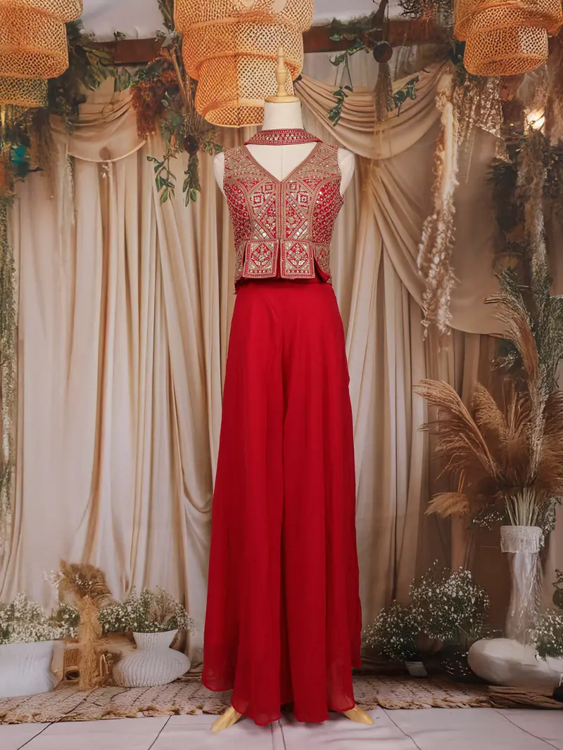 Red Floral Embroidered Georgette Palazzo Suit 1