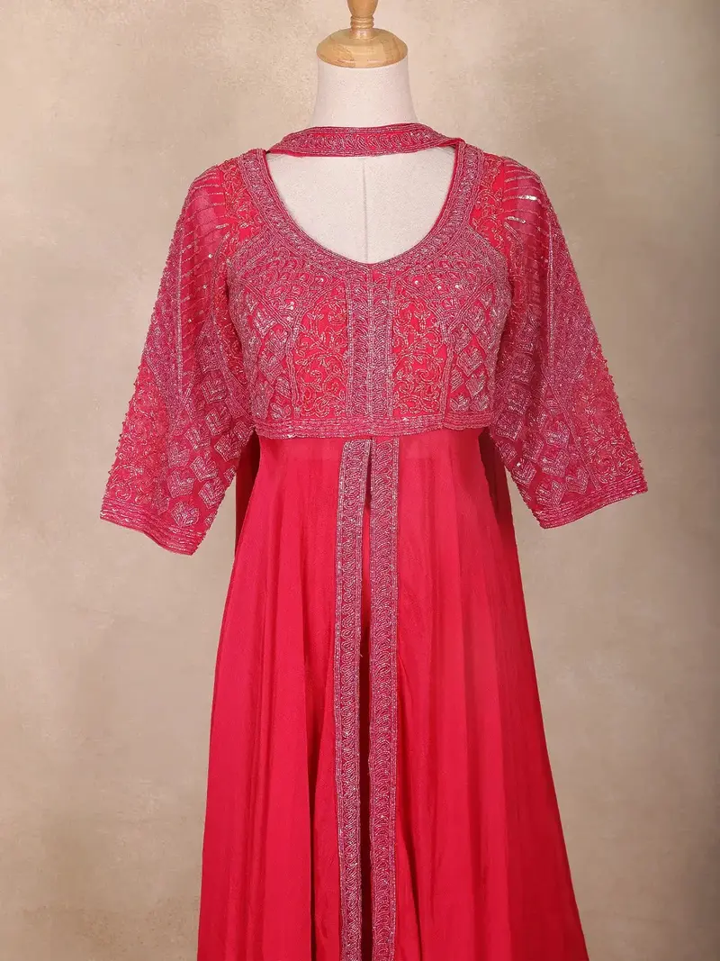 Red Floral Embroidered Georgette Palazzo Suit 2