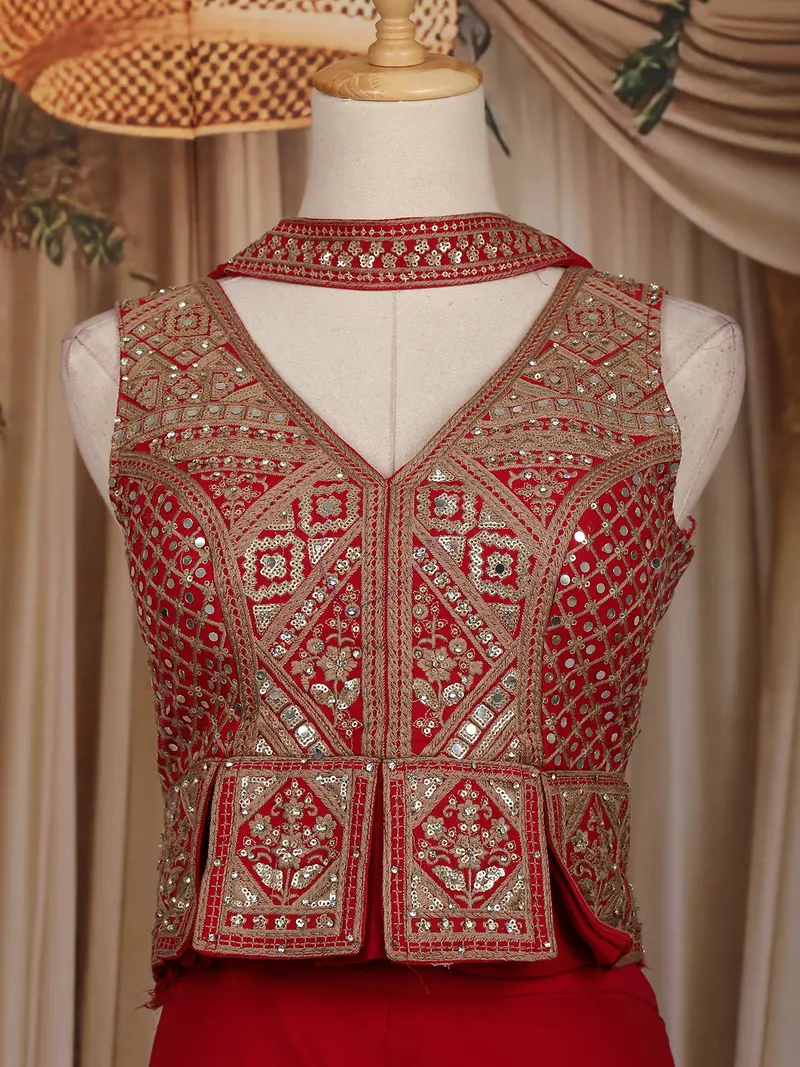 Red Floral Embroidered Georgette Palazzo Suit 2