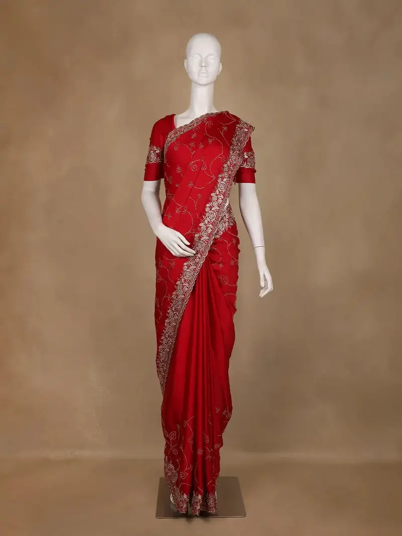 Red Floral Embroidered Georgette Saree With Stone Work 1