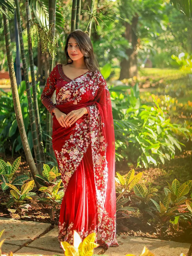 Red Floral Embroidered Net Bridal Designer Saree 1