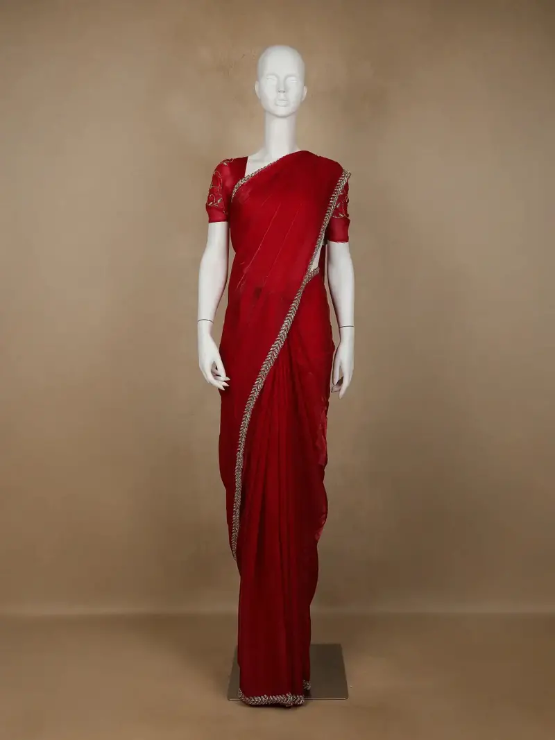 Red Floral Embroidered Organza Designer Saree 1