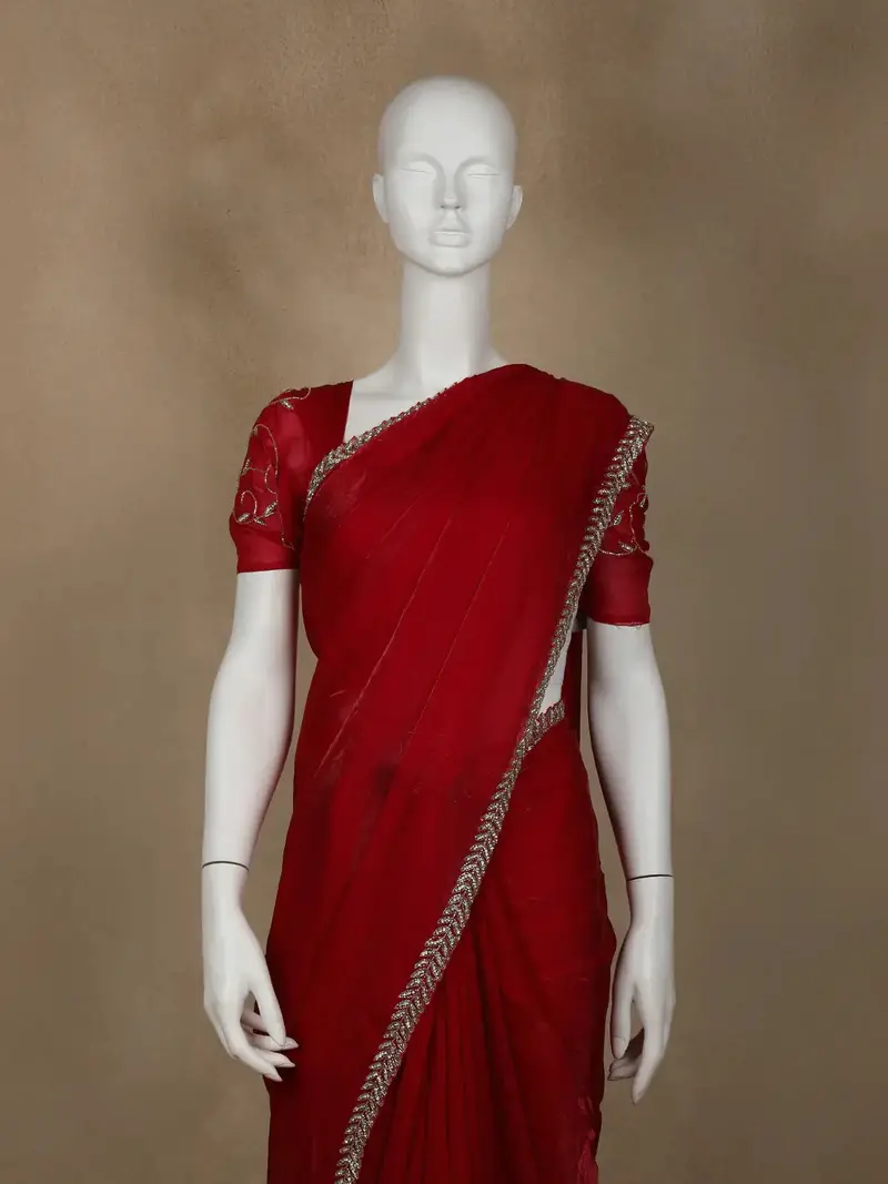 Red Floral Embroidered Organza Designer Saree 2