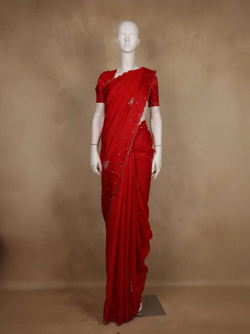 Red Floral Embroidered Raw Silk Saree 1