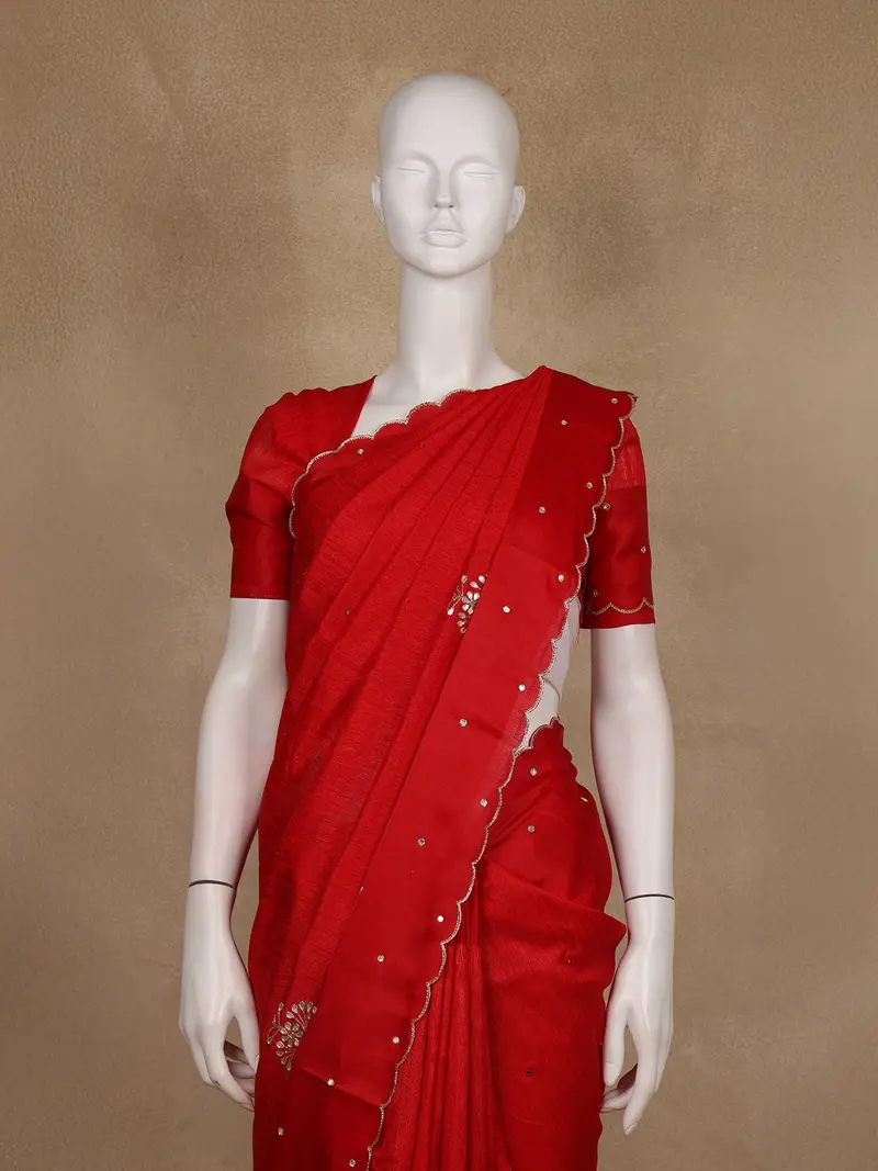 Red Floral Embroidered Raw Silk Saree 2