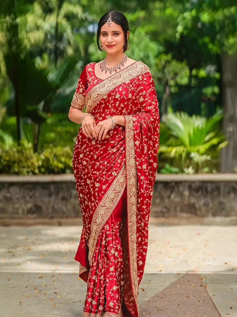 Red Floral Embroidered Satin Bridal Designer Saree 1