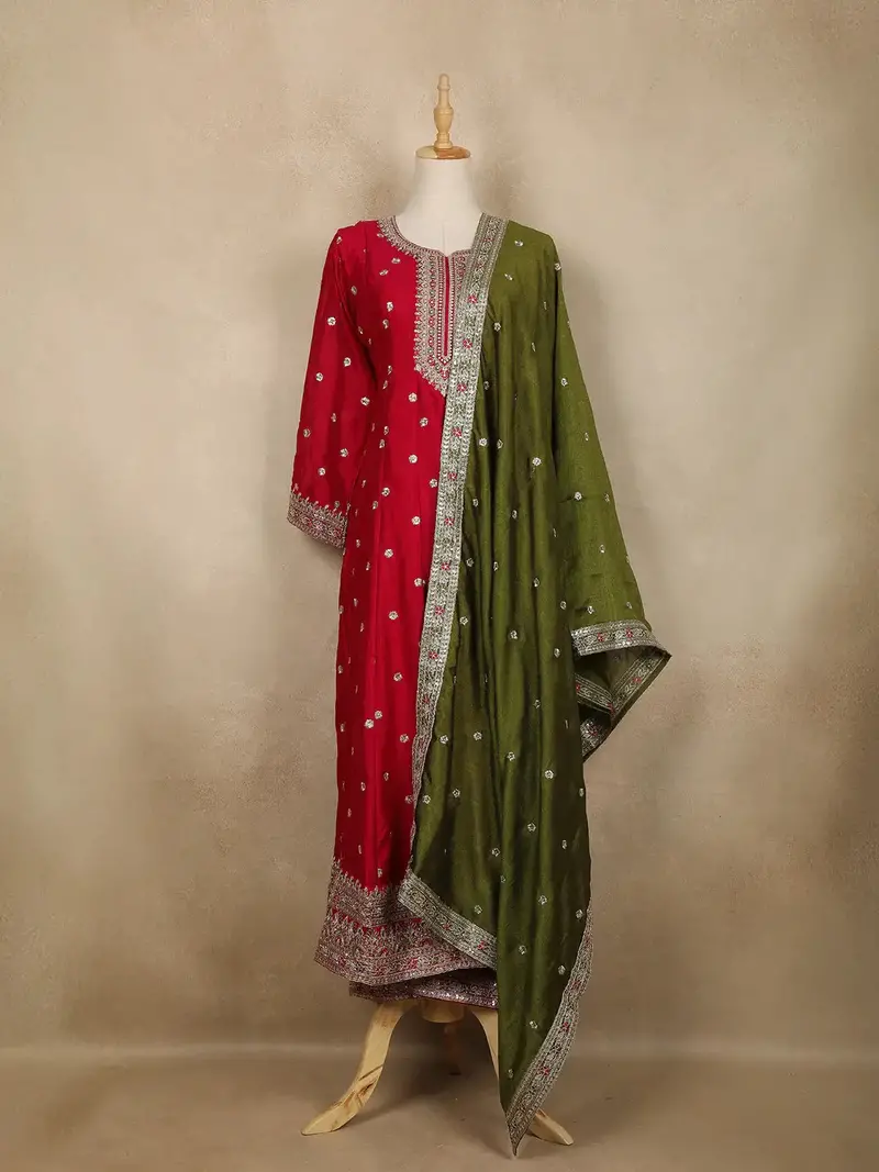 Red Floral Embroidered Silk Anarkali Salwar Suit With Olive Green Dupatta 1