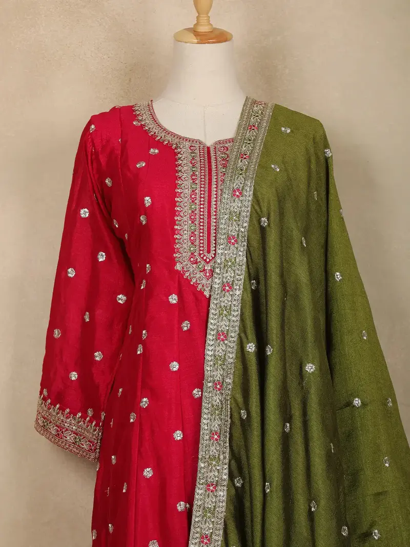 Red Floral Embroidered Silk Anarkali Salwar Suit With Olive Green Dupatta 2