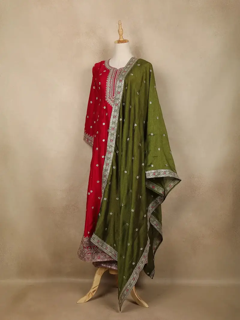 Red Floral Embroidered Silk Anarkali Salwar Suit With Olive Green Dupatta 3