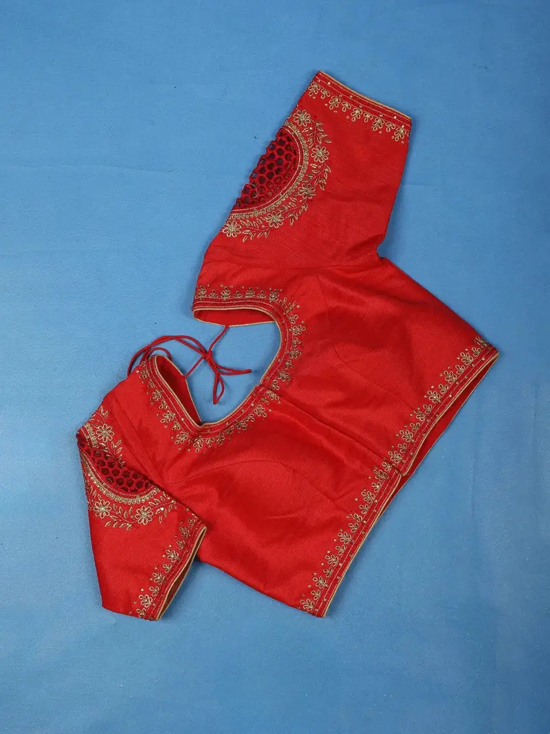 Red Floral Embroidered Silk Blouse 1