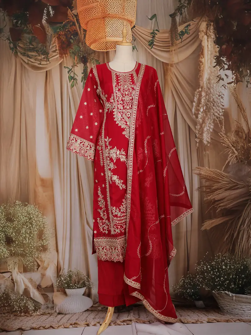 Red Floral Embroidered Silk Salwar Suit With Dupatta 1