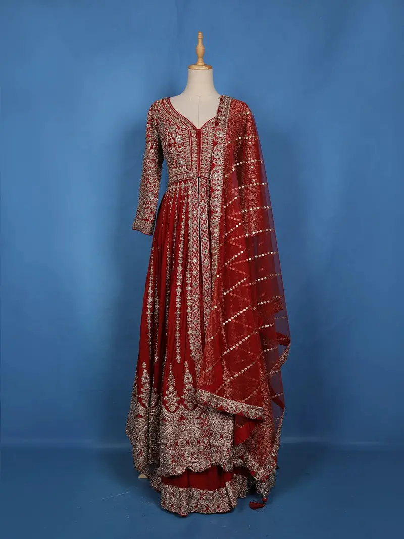 Red Floral Embroidered Tissue Silk Lehenga With Dupatta 1