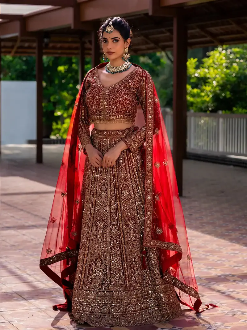 Red Floral Embroidery Bridal Net Lehenga 1