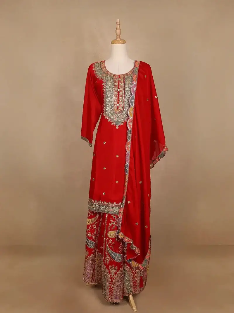Red Floral Embroidery Crepe Palazzo Salwar Suit 1