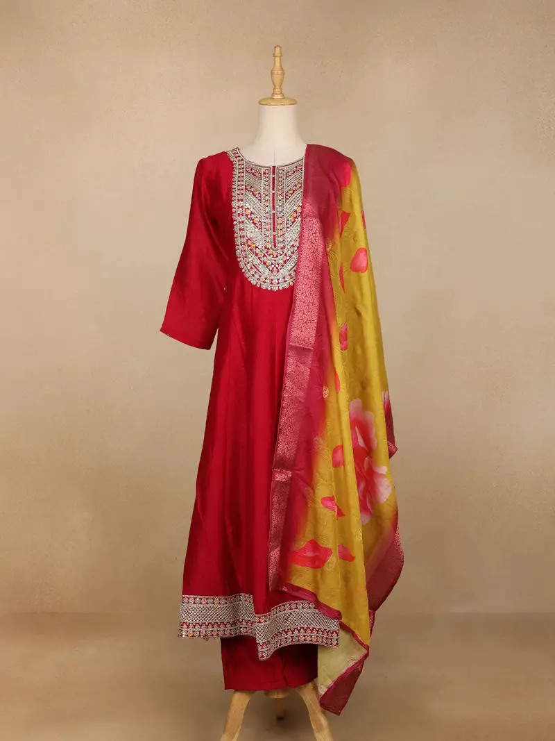 Red Floral Embroidery Crepe Straight Cut Salwar Suit 1