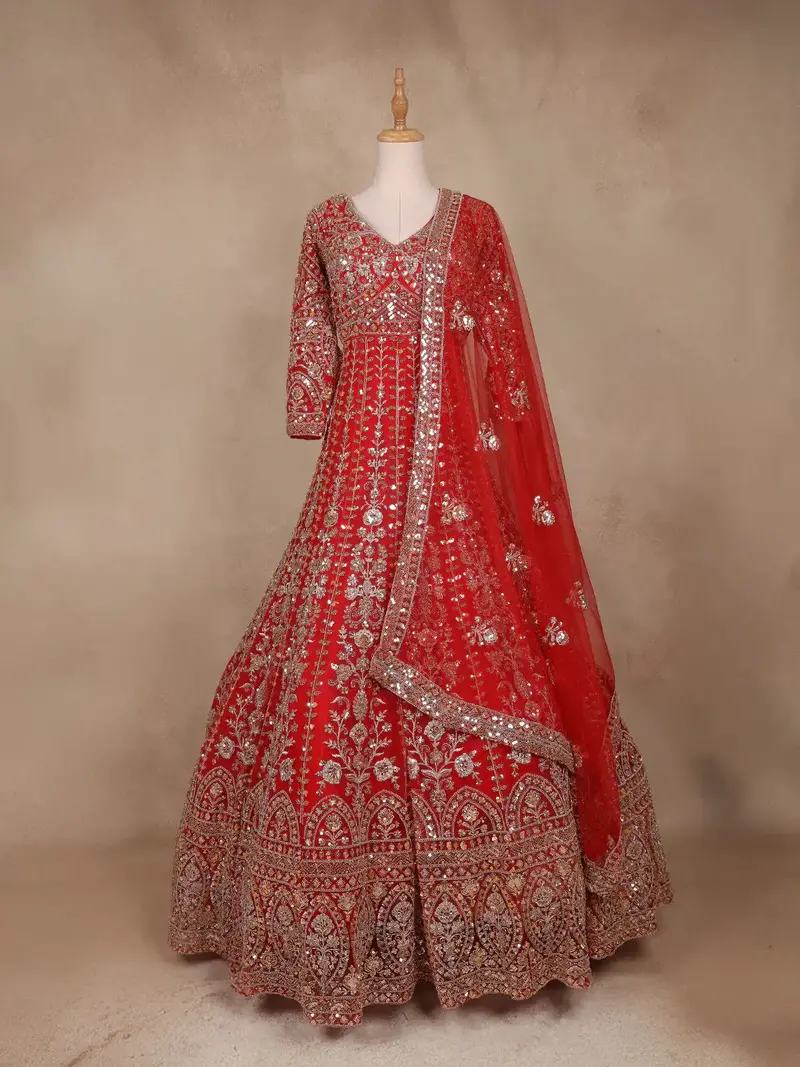 Red Floral Embroidery Net Bridal Gown 1