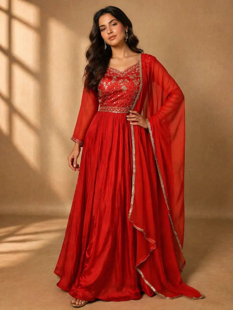 Red Floral Embroidery Semi Silk Gown 1