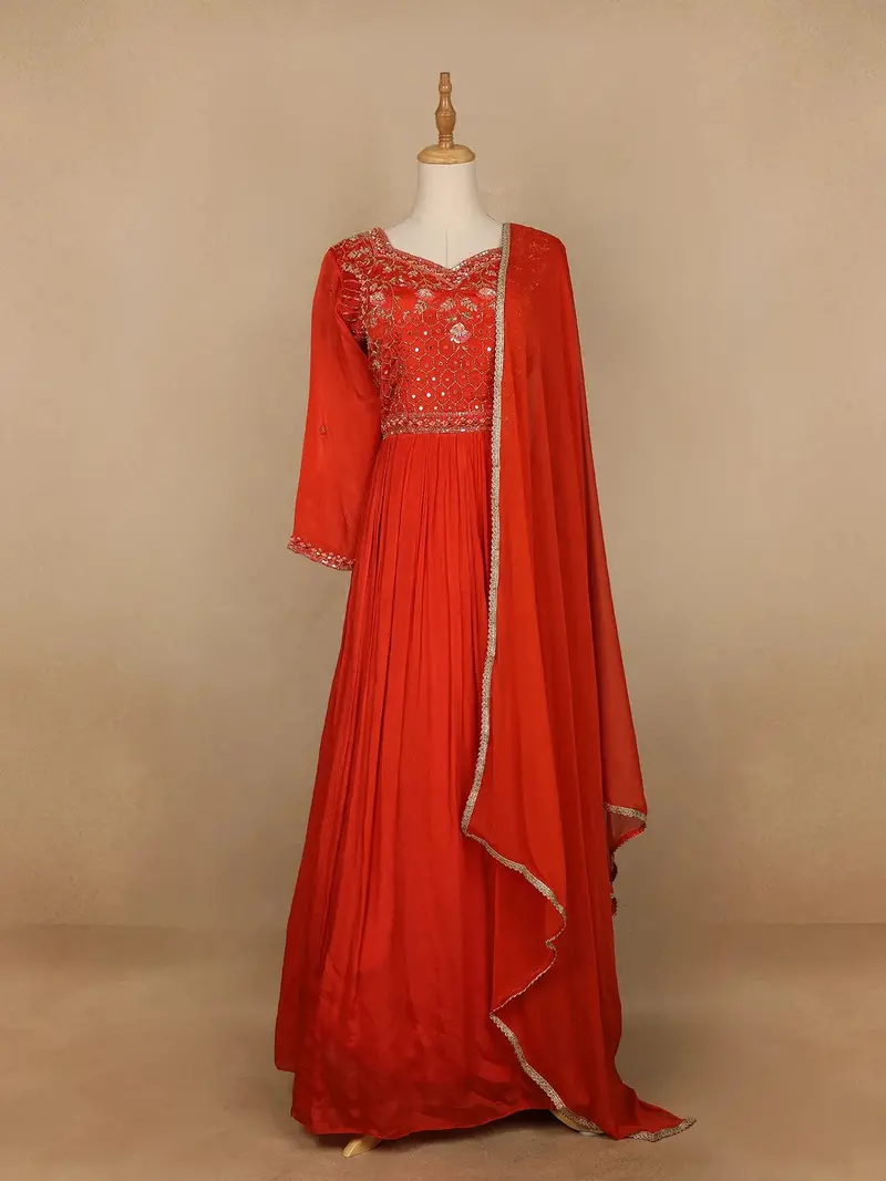 Red Floral Embroidery Semi Silk Gown 2