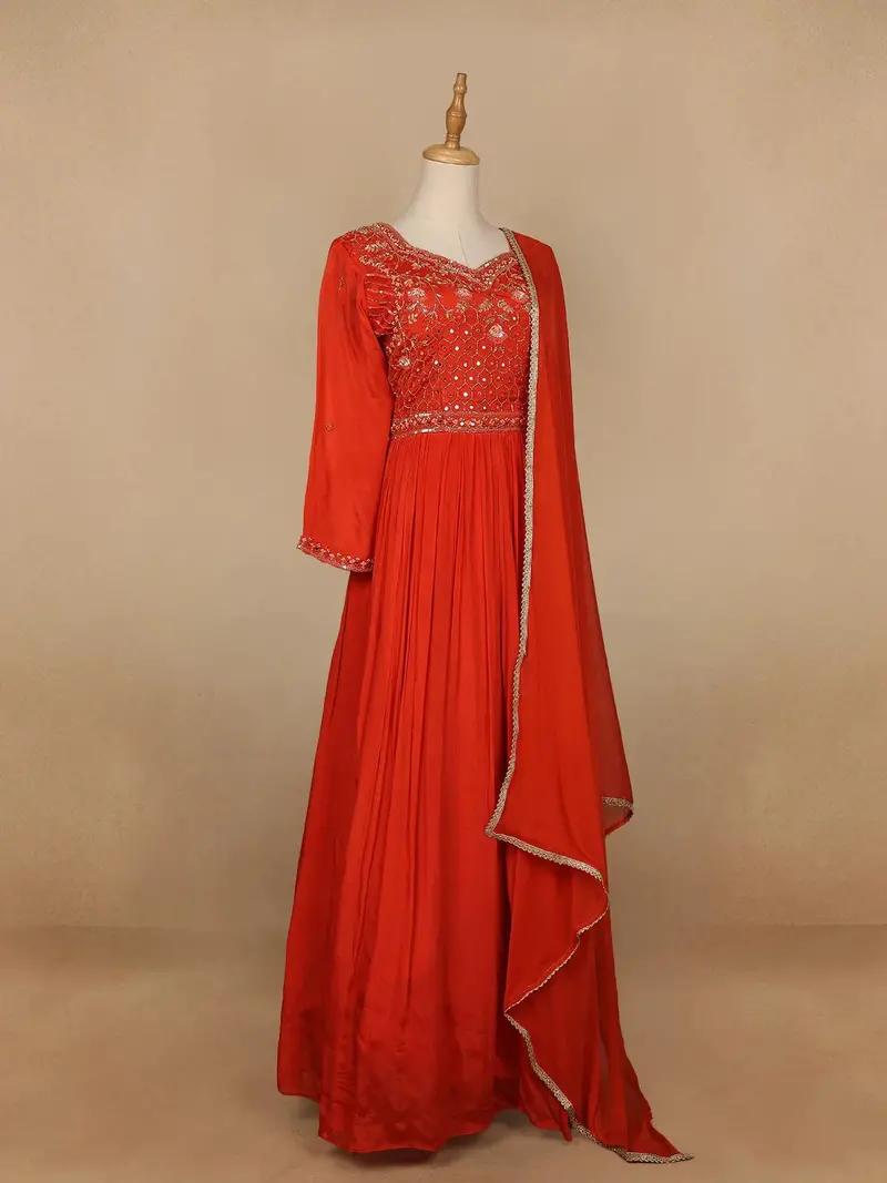 Red Floral Embroidery Semi Silk Gown 3