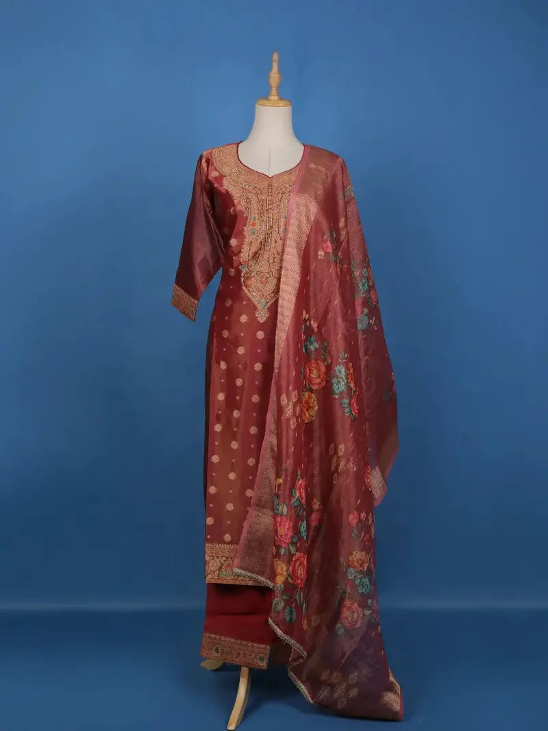 Red Floral Embroidery Tissue Silk Salwar Suit 1