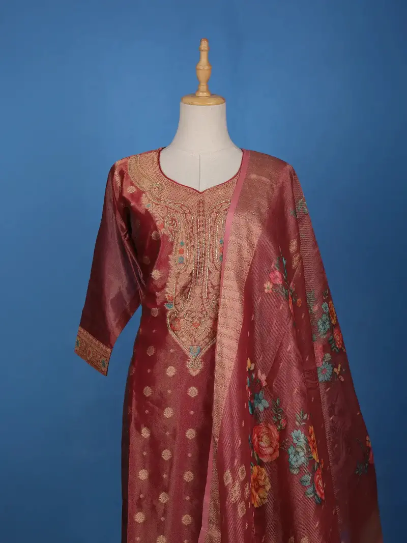 Red Floral Embroidery Tissue Silk Salwar Suit 2