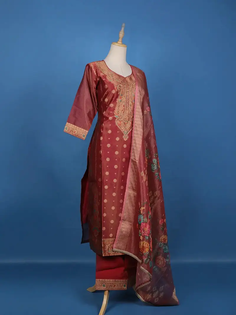 Red Floral Embroidery Tissue Silk Salwar Suit 3