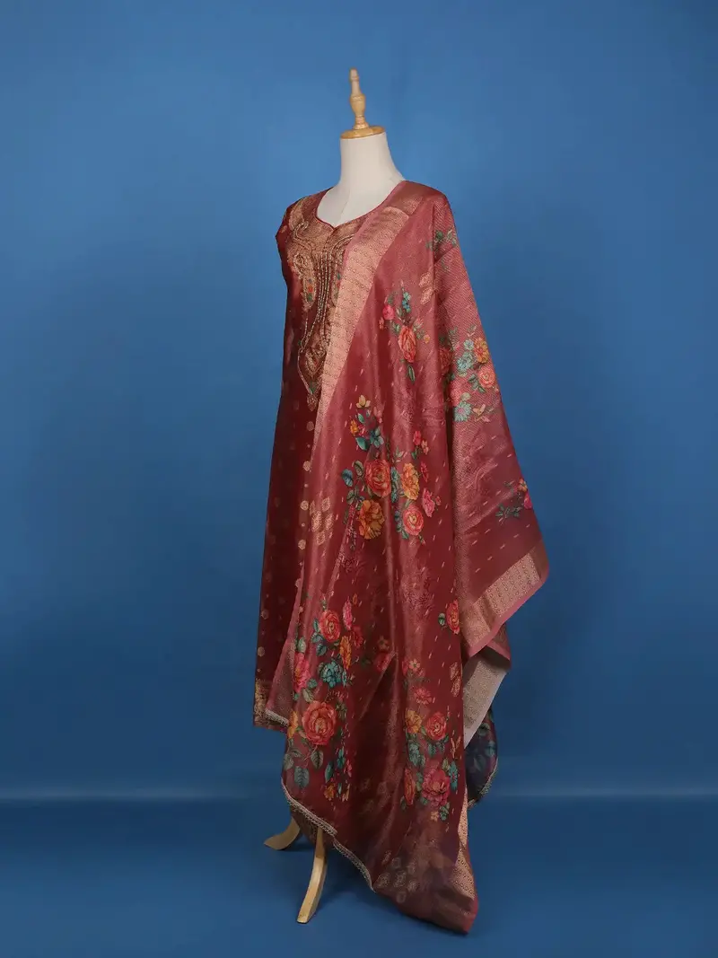 Red Floral Embroidery Tissue Silk Salwar Suit 4